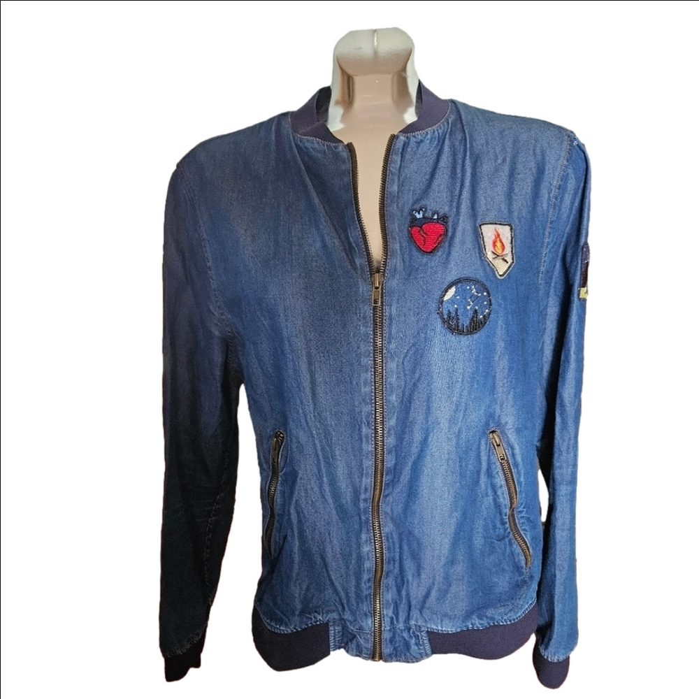Zara Man Slim Fit Patched Denim Bomber Shirt Jacket Blue Size Medium